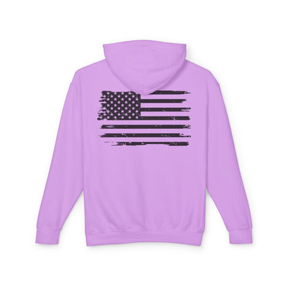 Distressed American Flag Hoodie with Tactical Stick Figure Accent