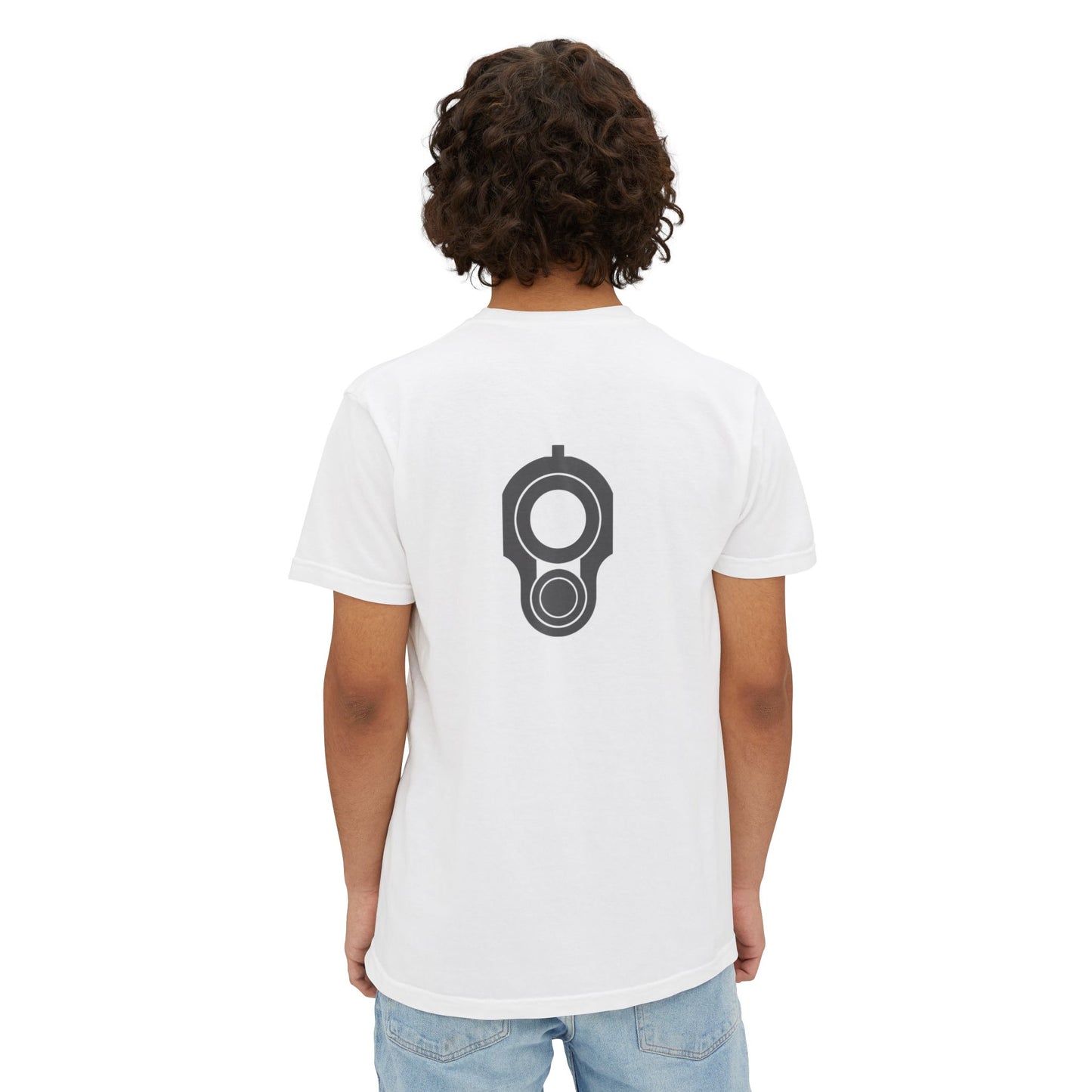 Pocket T-Shirt — Minimal Front Pocket Logo & Back Revolver Graphic Tee