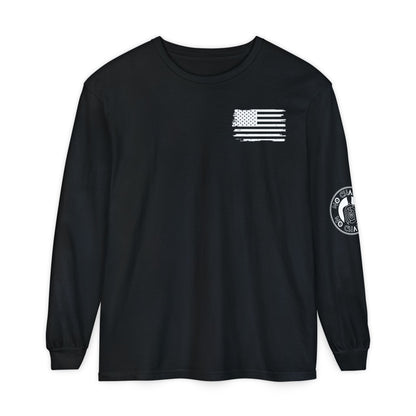 Stick Figure Shooter Long Sleeve T-Shirt — Minimalist American Flag Design