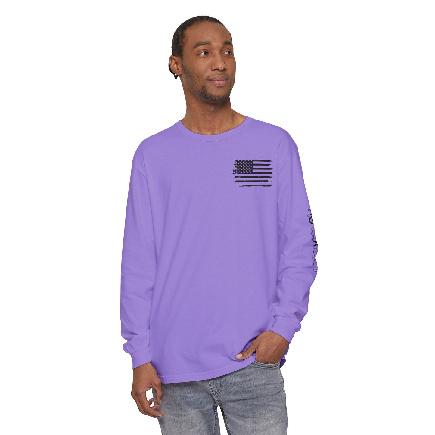 Stick Figure Shooter Long Sleeve T-Shirt — Minimalist American Flag Design
